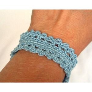 Blue Thread Crochet Cuff with White Bead Closure, 100% Cotton